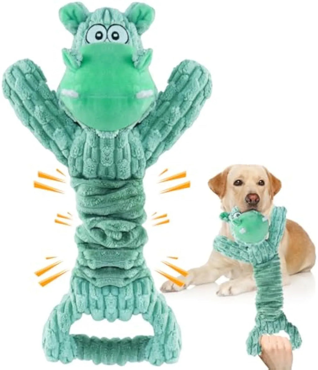 Large plush hippo or monkey dog toy with a handle, shown next to a tape measure indicating its 32 cm length.