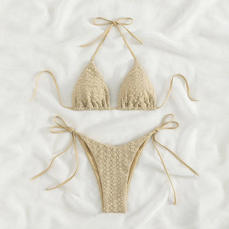 Women's high waist bikini swimsuit with side lace-up detail, shown in khaki colour.