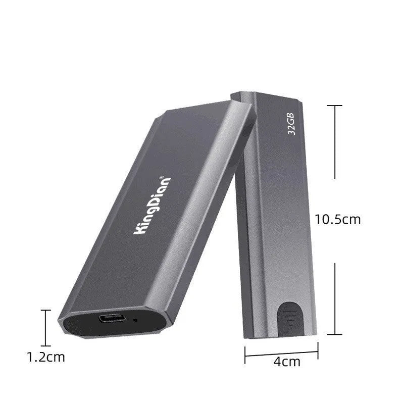 Grey aluminium portable SSD hard drive with USB 3.0 connector for mobile phones and computers.