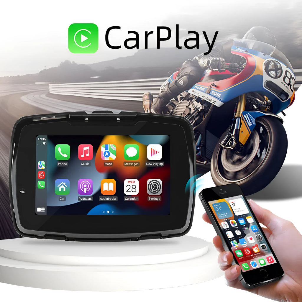 5-inch motorcycle MP5 player with wireless Carplay and reversing image, mounted on vehicle dashboard