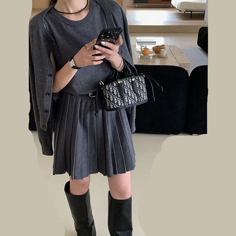 Women's black knitted two-piece set with pleated vest skirt and long-sleeve cardigan, national style art retro design