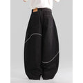Black straight-leg denim trousers with mid-waist design and zip fly closure