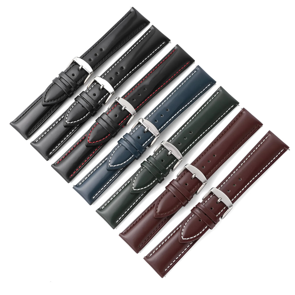 Quick release bright cowhide leather watch strap shown in multiple colour and width size options