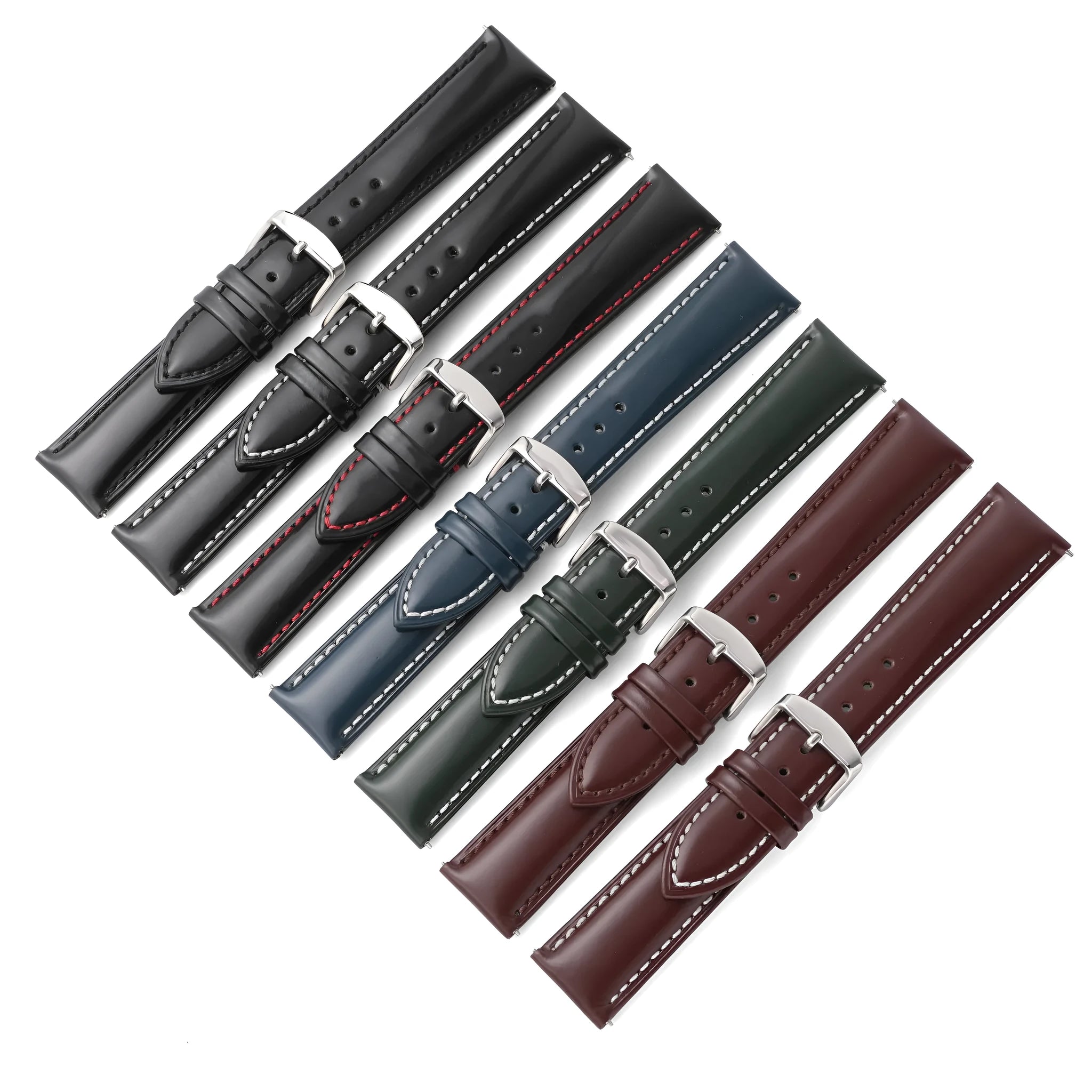 Quick release bright cowhide leather watch strap shown in multiple colour and width size options