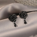 Black rose zircon flower ear studs with gold electroplating for pierced ears