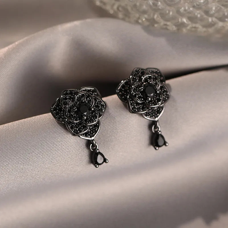 Black rose zircon flower ear studs with gold electroplating for pierced ears