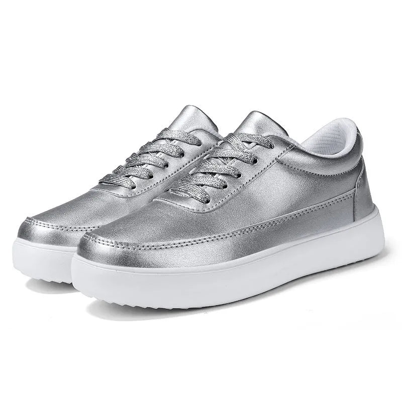 Women's leather casual flat shoes with front lace-up fastening in metallic colours