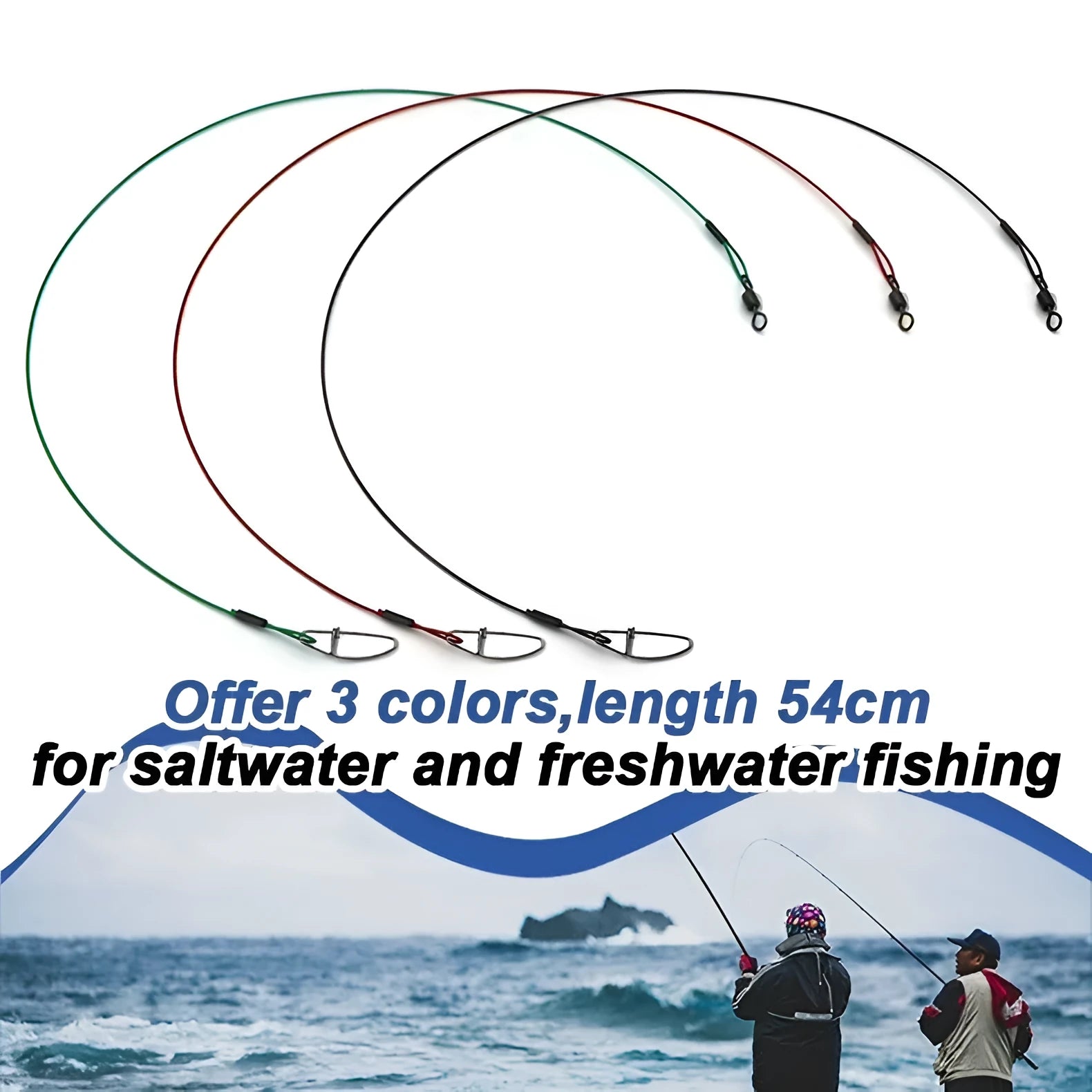 54cm steel wire fishing accessory with double buckle pin in green, black and red colours