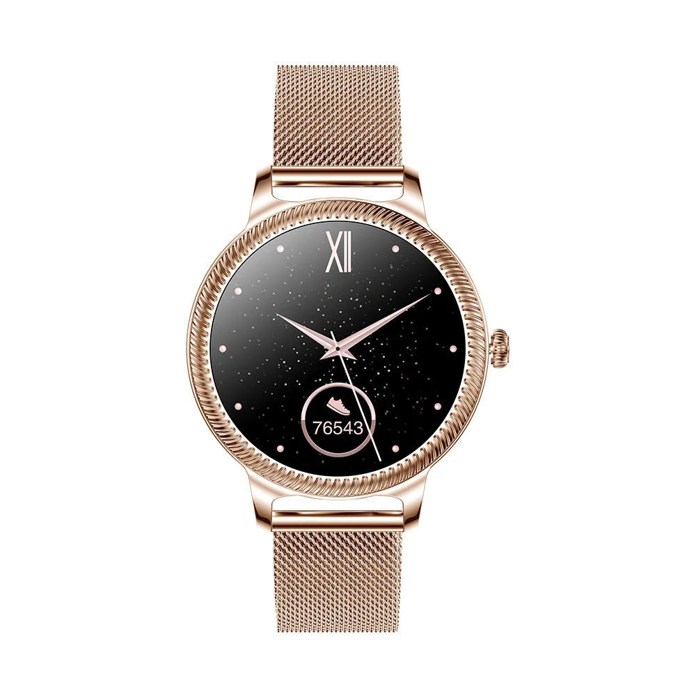 AK38 ladies smart watch with stainless steel bracelet and 1.09-inch colour touchscreen displaying smartphone notifications