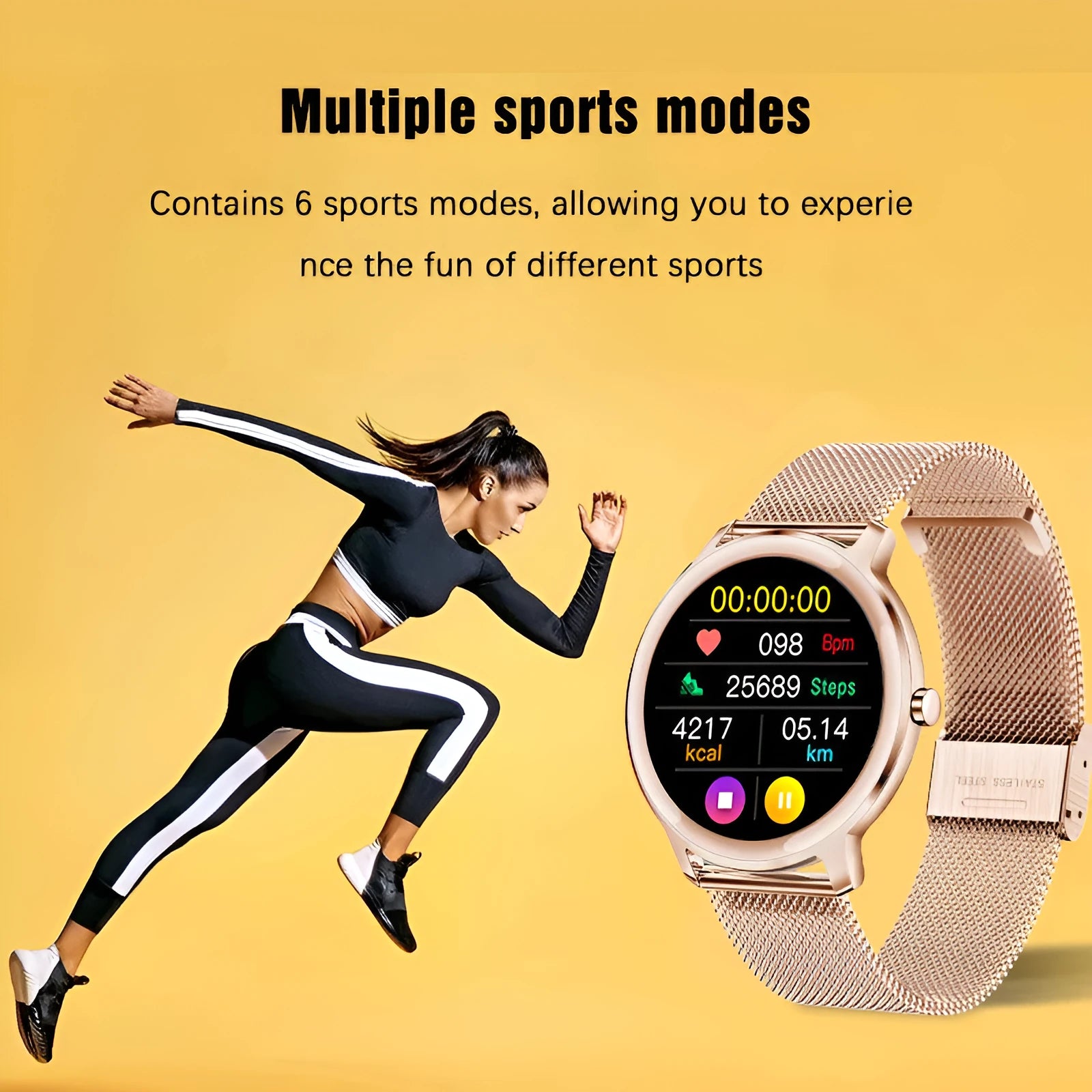 Women's waterproof smart watch with 1.3 inch touchscreen display and stainless steel mesh band