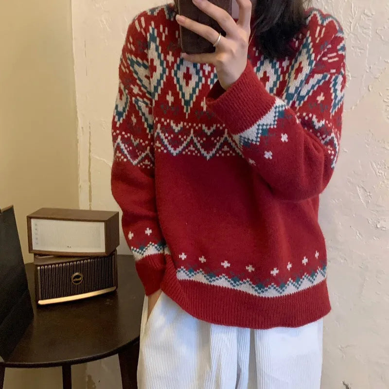 Loose retro pullover knitted top with stripe pattern and long sleeves