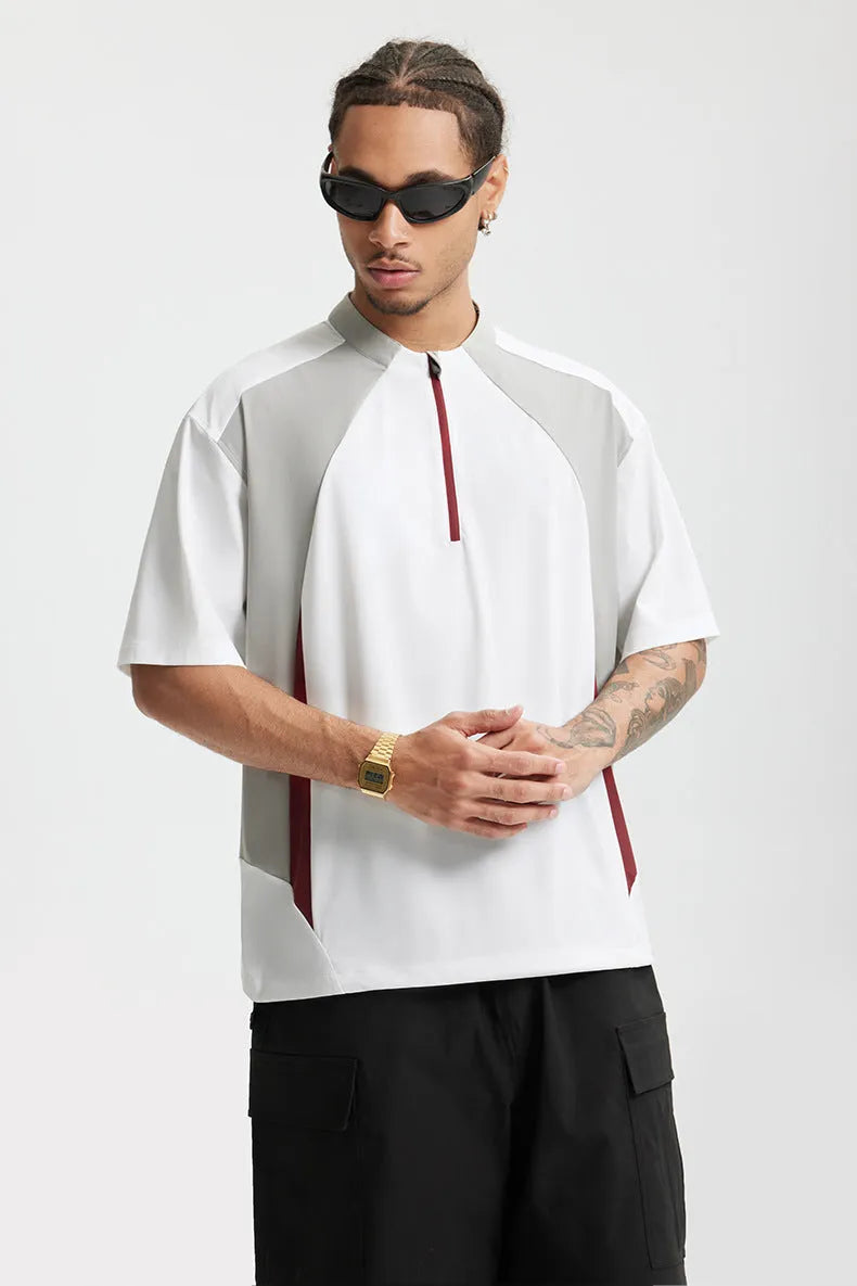 Men's lightweight solid colour polyester top shown in black and beige, available in long sleeve and short sleeve styles.