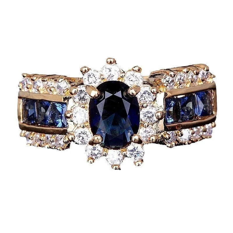 Personalised zinc alloy fashion ring with diamond and zircon details in blue and purple.