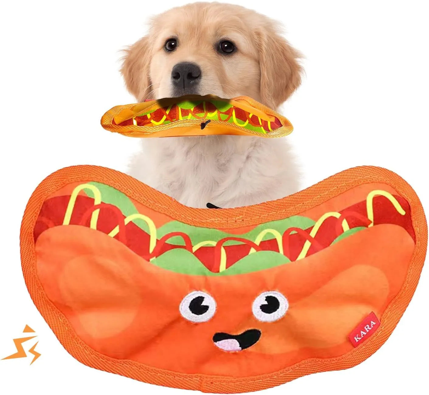Dual sound crinkle dog chew toy in food shape design with vivid colours for interactive play