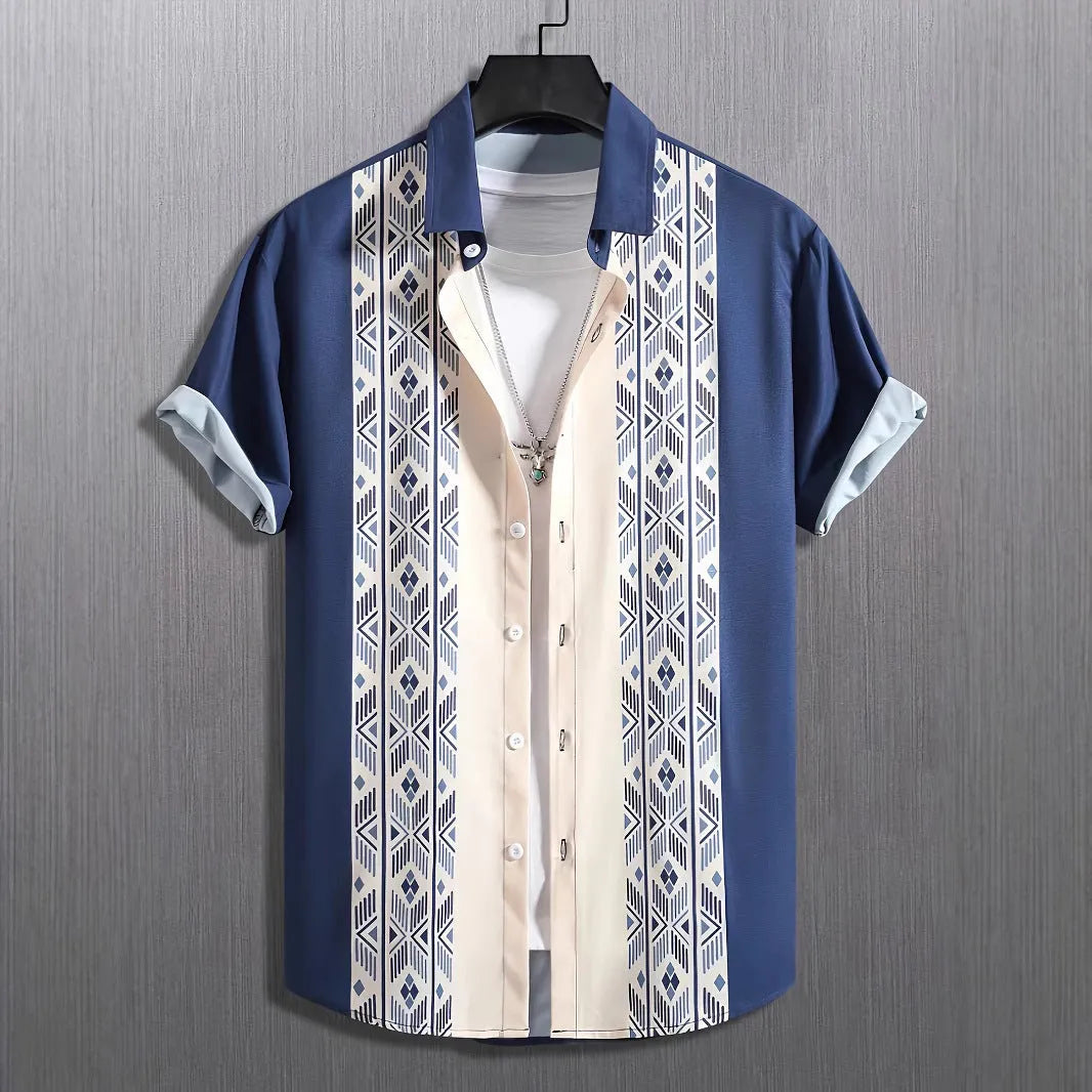 Men's loose plaid short-sleeve shirt with a contrast colour lapel collar, shown in a cardigan style.
