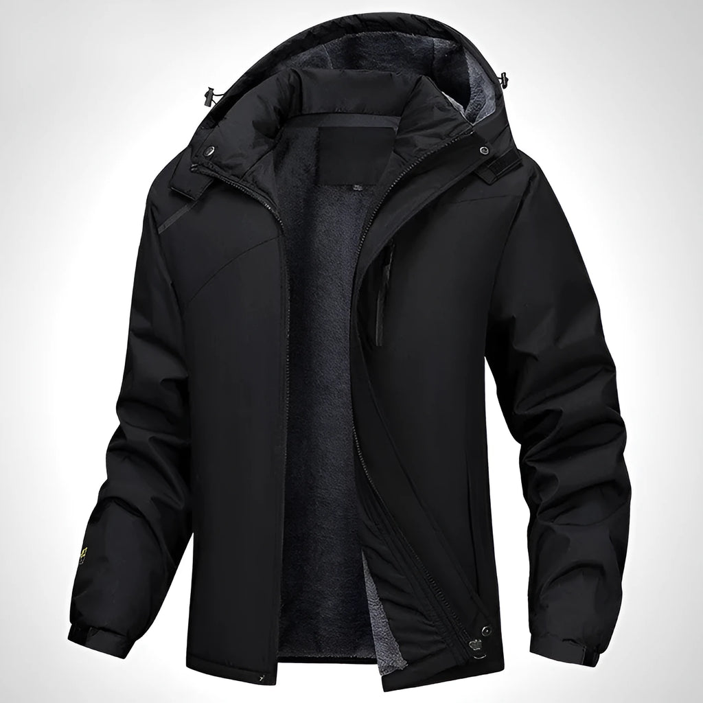 Men's army green plus size waterproof hooded coat on a hanger