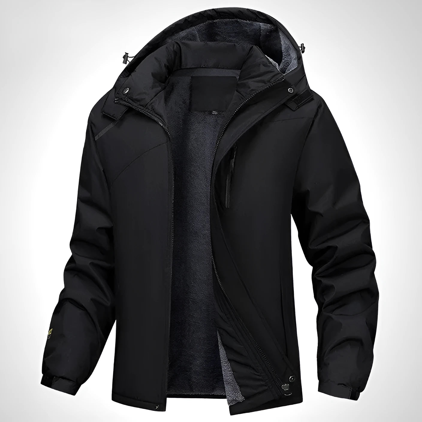 Men's army green plus size waterproof hooded coat on a hanger