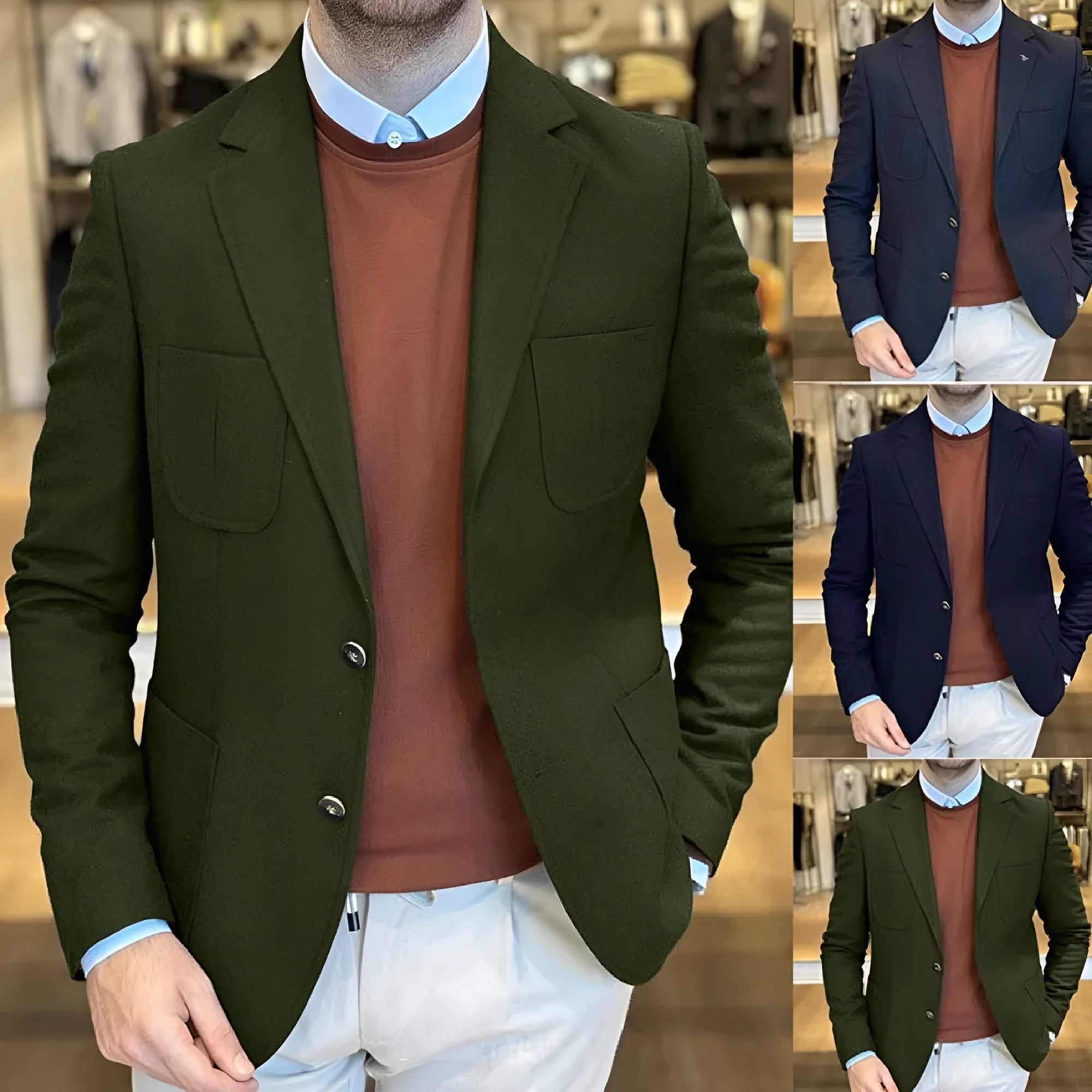 Men's loose fit cotton retro suit jacket in army green colour