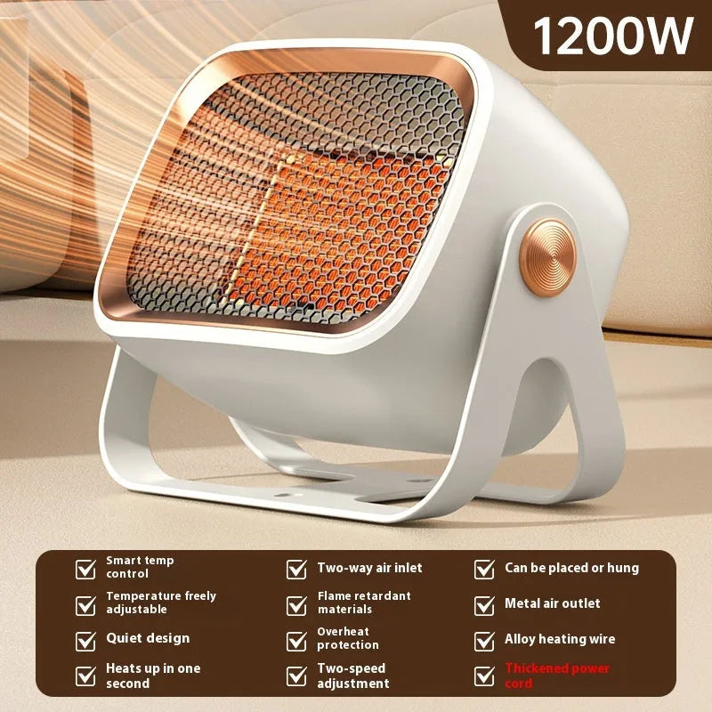 Compact white desktop ceramic heater with push buttons on a wooden desk.