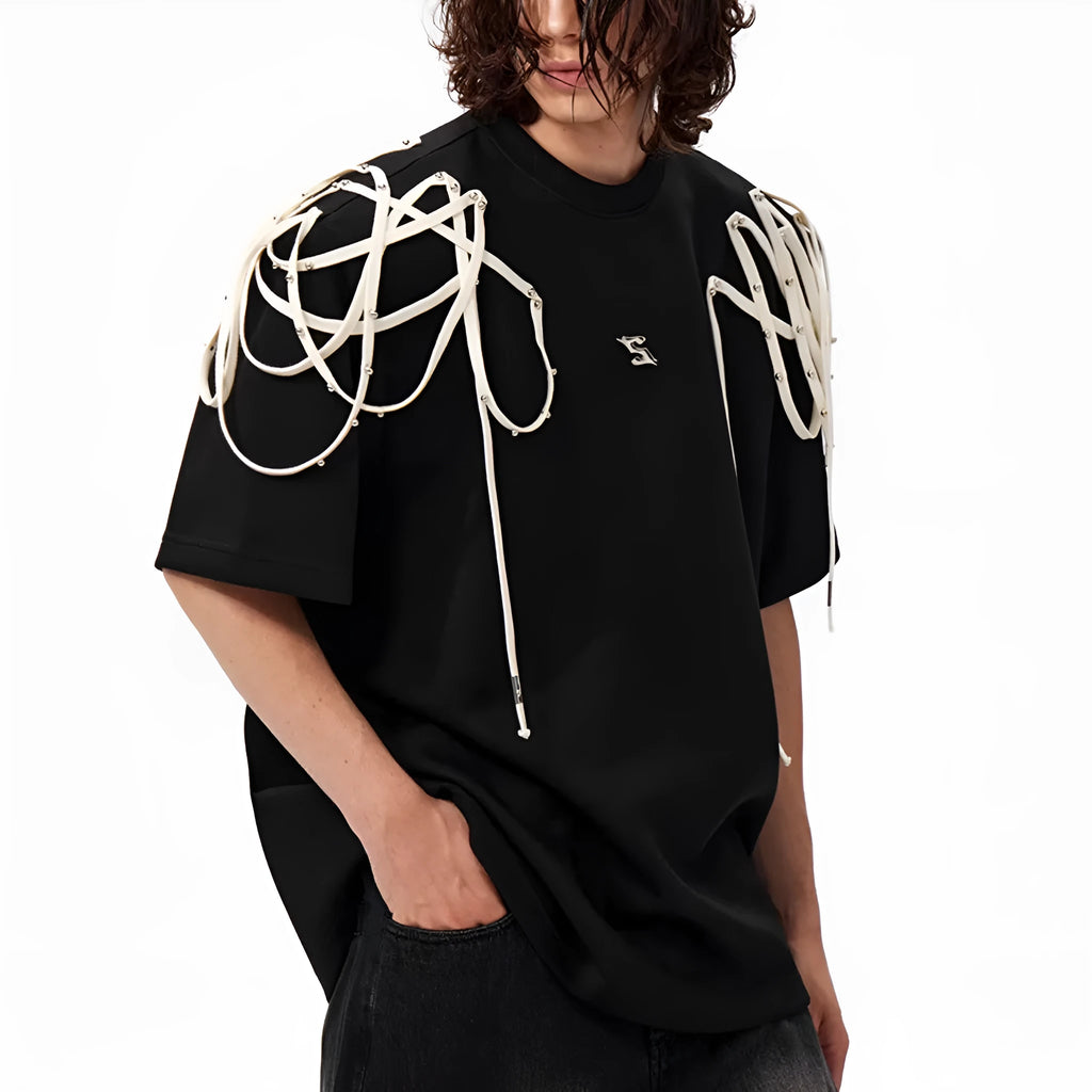 Black loose fit T-shirt with rivet ribbon padded shoulder details and short sleeves
