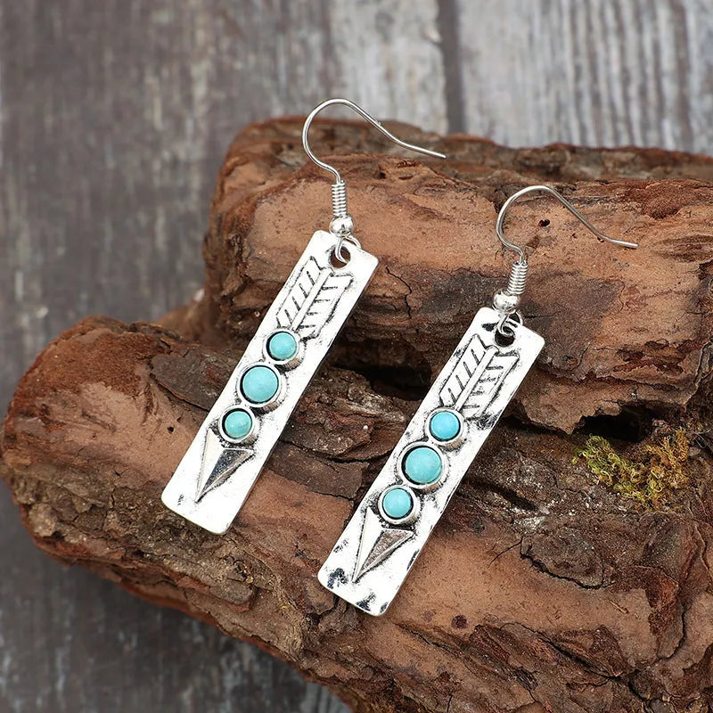 Silver geometric earrings with long strip design and turquoise inlay for women