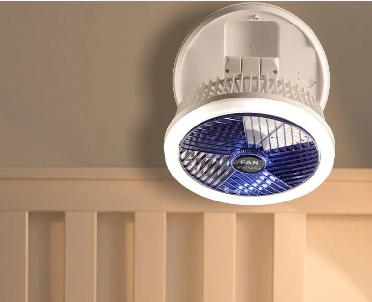 Blue USB charging foldable table fan with LED light showing wall mounting option and 300° tilt adjustment