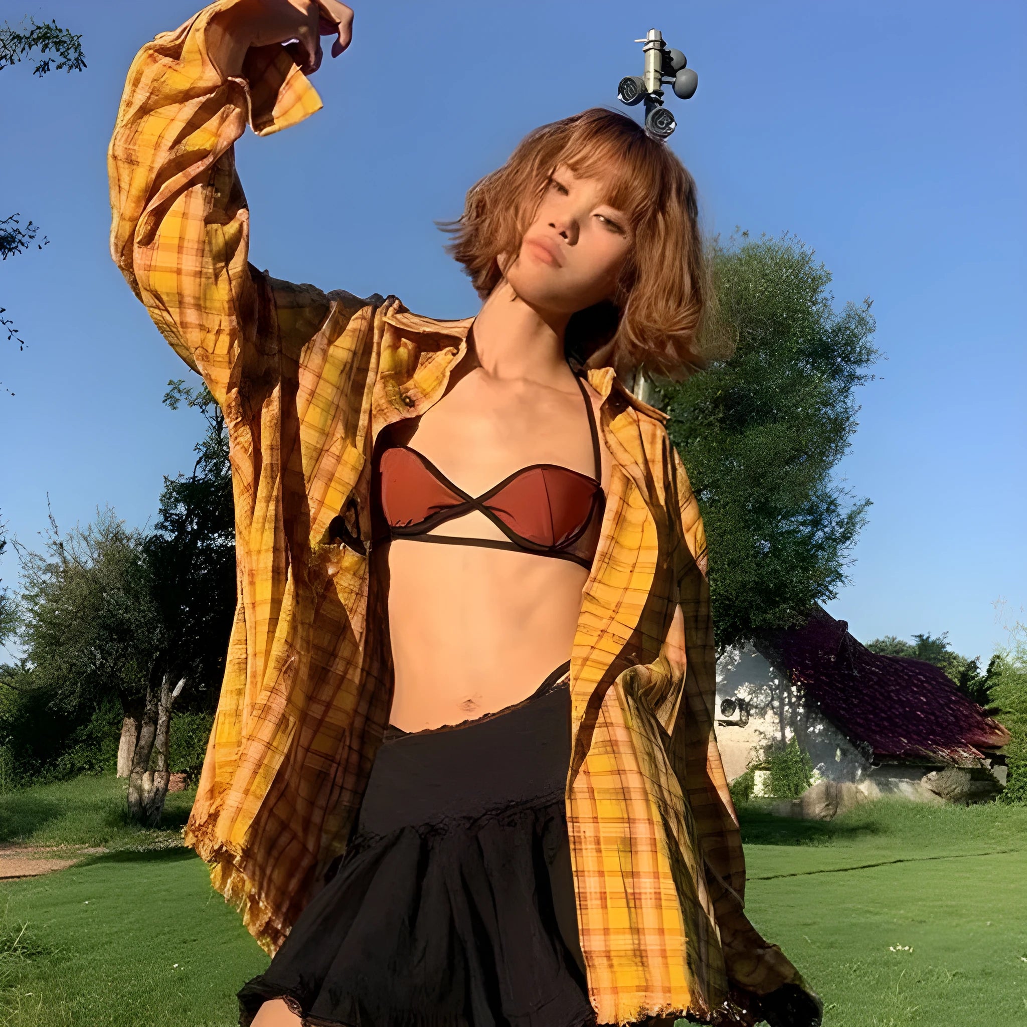 Dopamine yellow loose fit plaid shirt with cardigan style, chemical fibre blend fabric