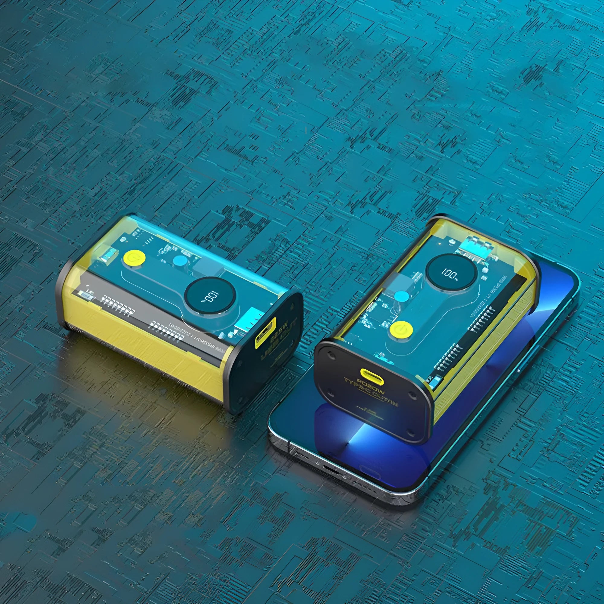 Transparent industrial design power bank showing internal aluminium battery casing with 10000mAh capacity