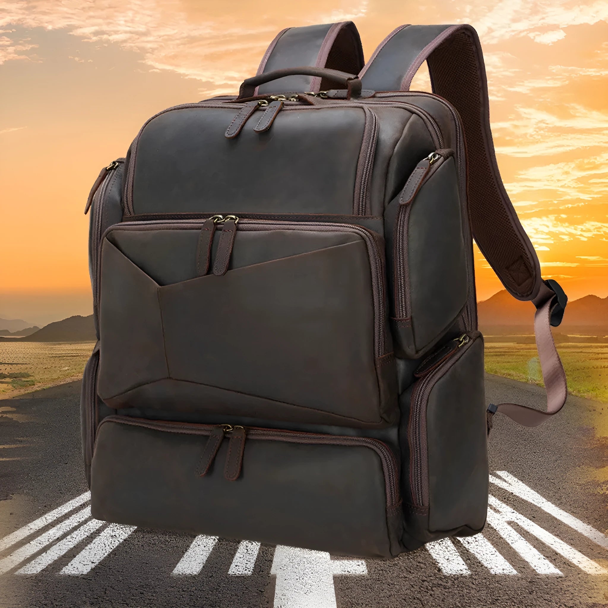 Dark brown genuine leather 17-inch laptop backpack with double straps and multiple pockets.