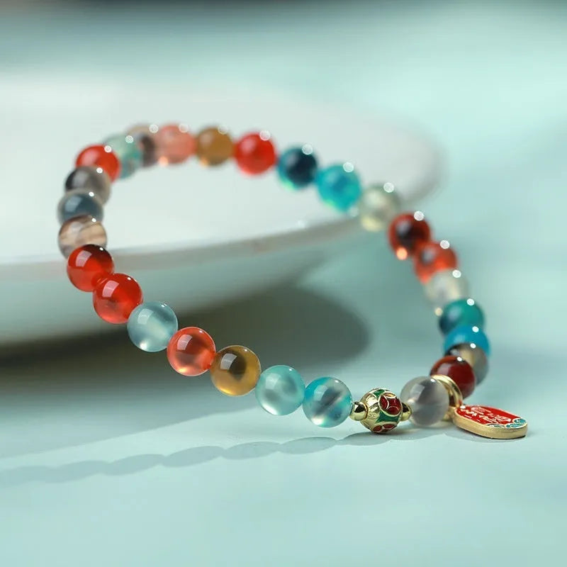 Natural colourful sugar heart agate women's bracelet with copper coin detailing in fu character design