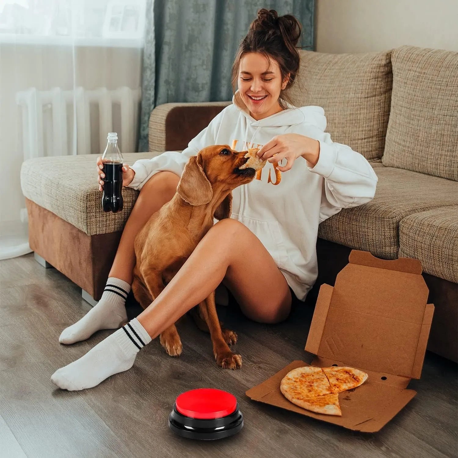 Blue voice recording button for pet training with 30-second record playback.