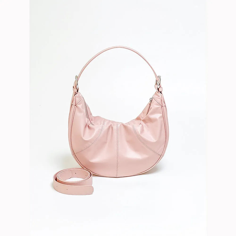 Women's dumpling-shaped shoulder bag in genuine cowhide leather with sandwich pockets