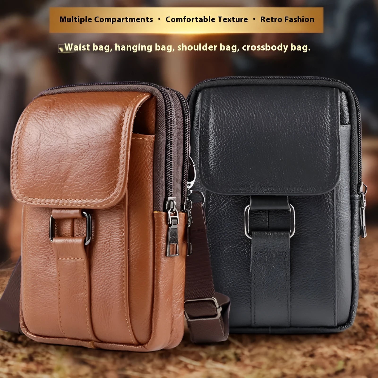 Men's black genuine leather crossbody waist bag with a square shape and lock detail.