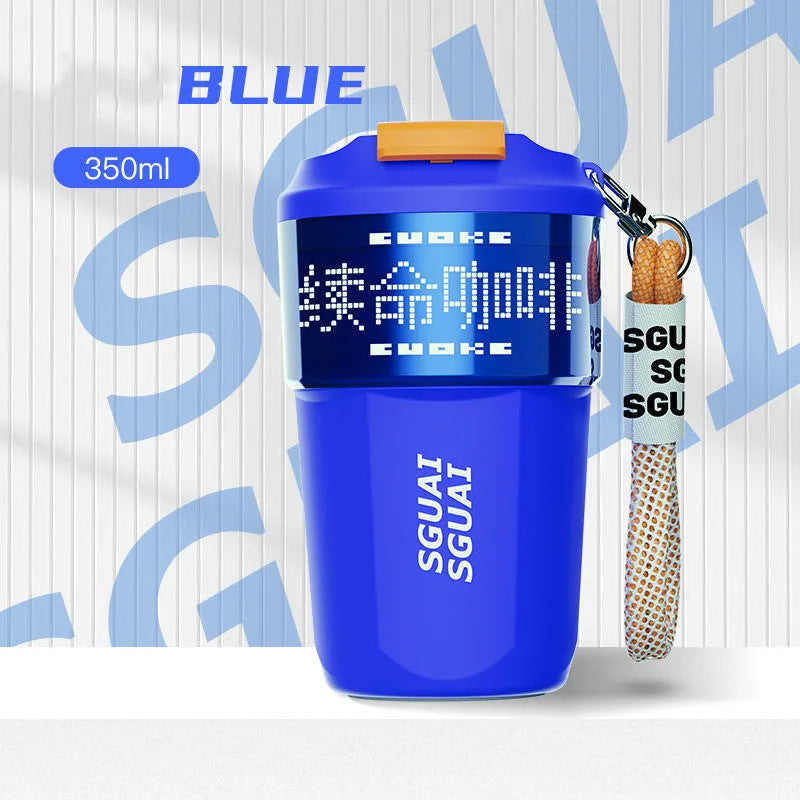 Small stainless steel portable coffee cup with Japanese-style design in blue colour