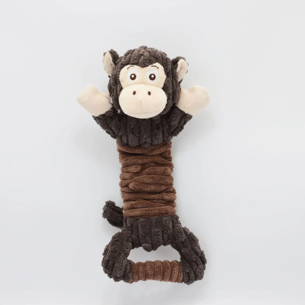 Large plush hippo or monkey dog toy with a handle, shown next to a tape measure indicating its 32 cm length.