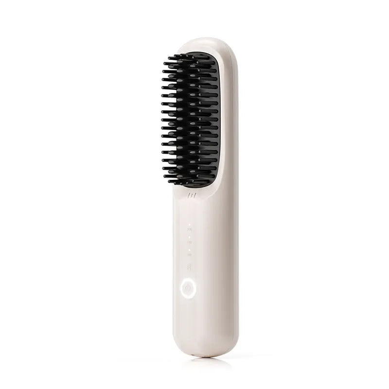 Wireless anion hair straightening comb in beige, pink, purple, or black colour options.