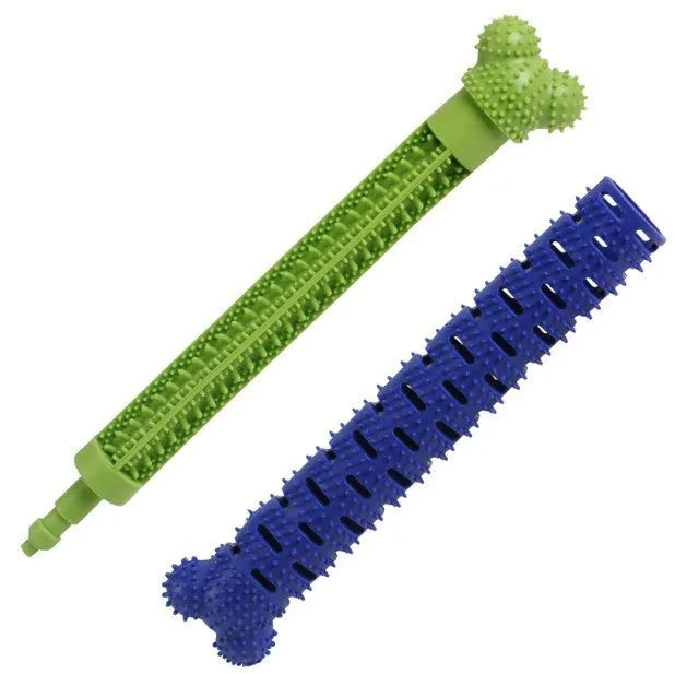Blue-green silicone dog dental chew toy with brush head design and gum massage nodules for teeth cleaning