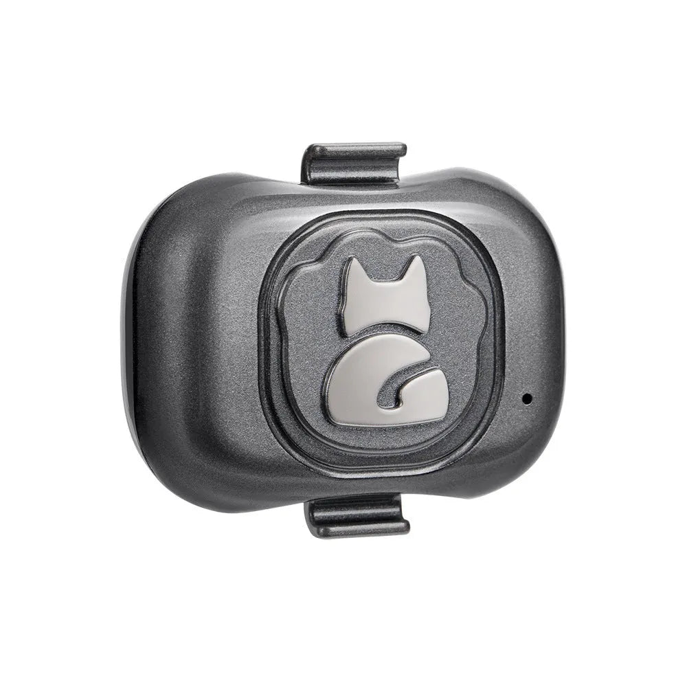 Black pet GPS tracker with hanging rope for cats and dogs showing IP67 waterproof rating
