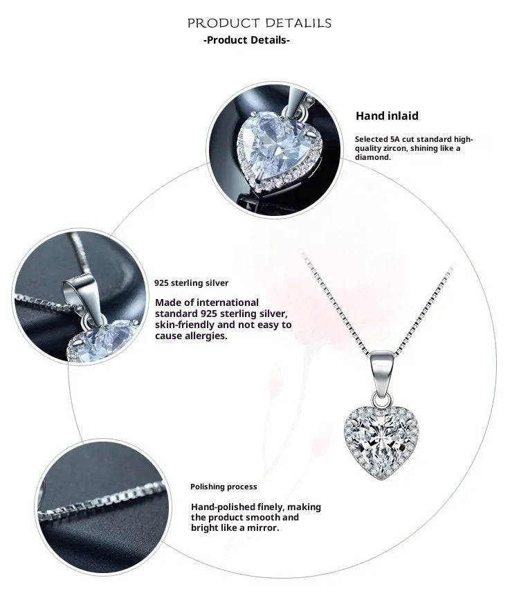 S925 sterling silver heart-shaped zircon pendant necklace on silver box chain, 40+5cm length