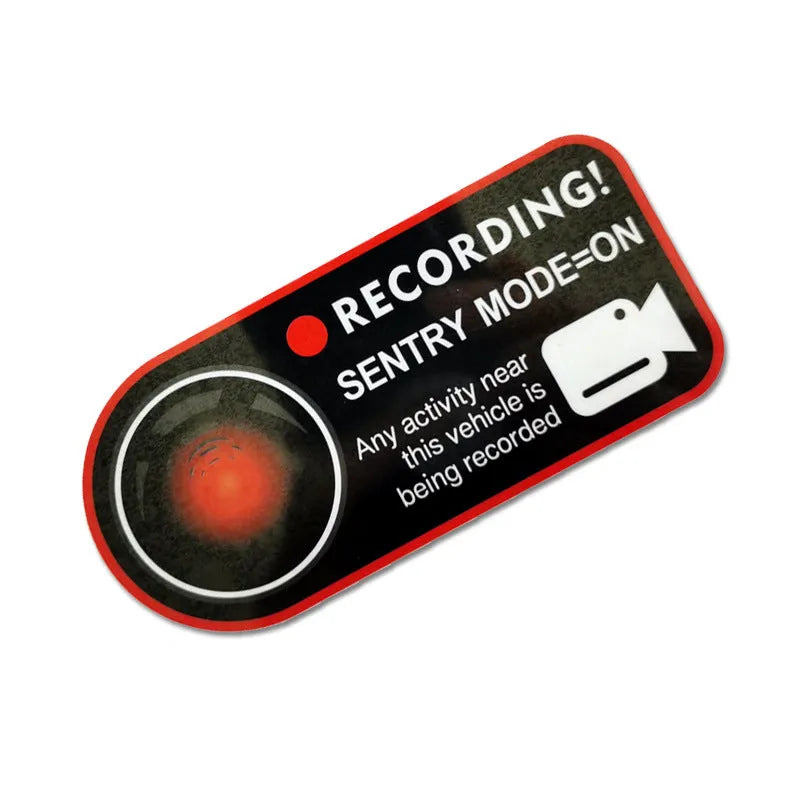 A pair of white and red electrostatic warning stickers for Tesla car windows measuring 11 by 5 cm.
