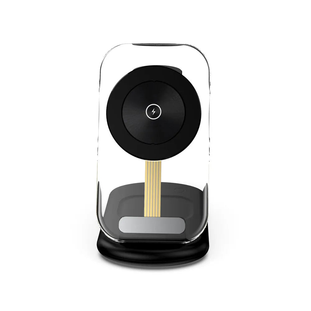 Transparent folding magnetic wireless charger showing internal components with black and white colour options