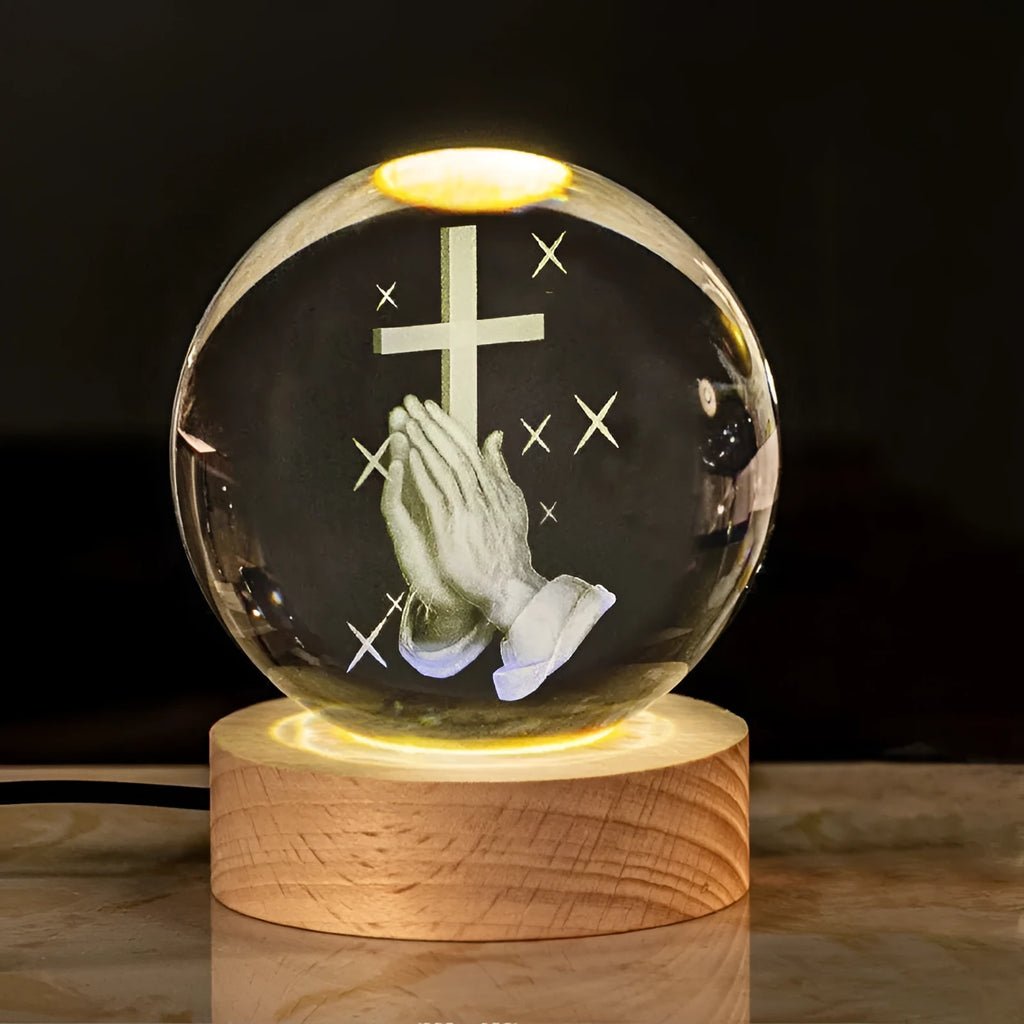 White crystal ball lamp on solid wood base with religious purity designs inside