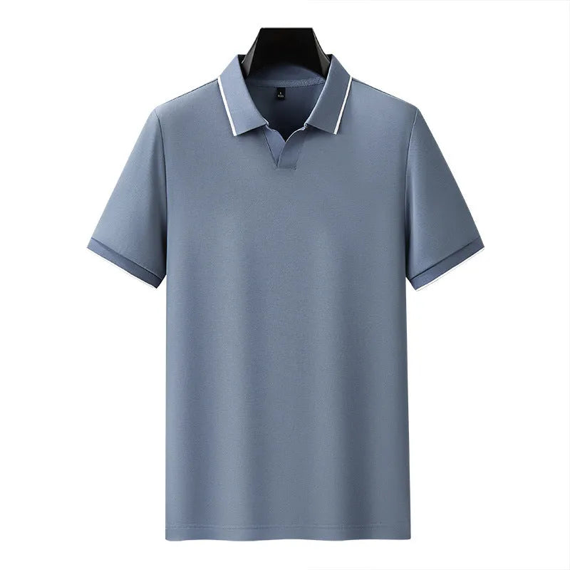 Men's short sleeve lapel polo shirt in cotton blend fabric, shown in a solid colour.