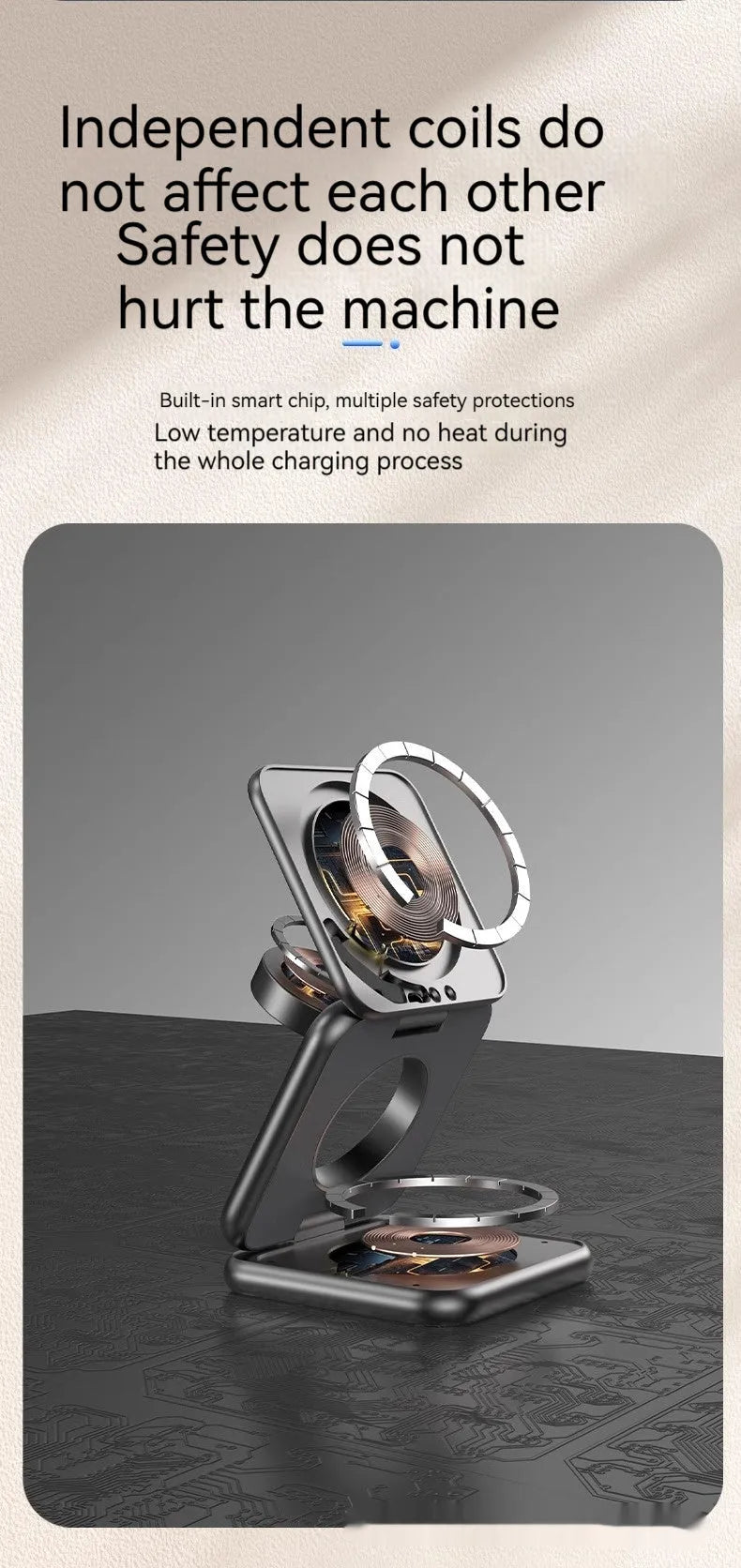 White foldable magnetic wireless charger phone holder showing compact size and charging indicator light.