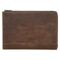 Crazy Horse oil leather zipper laptop bag in coffee colour on a wooden surface