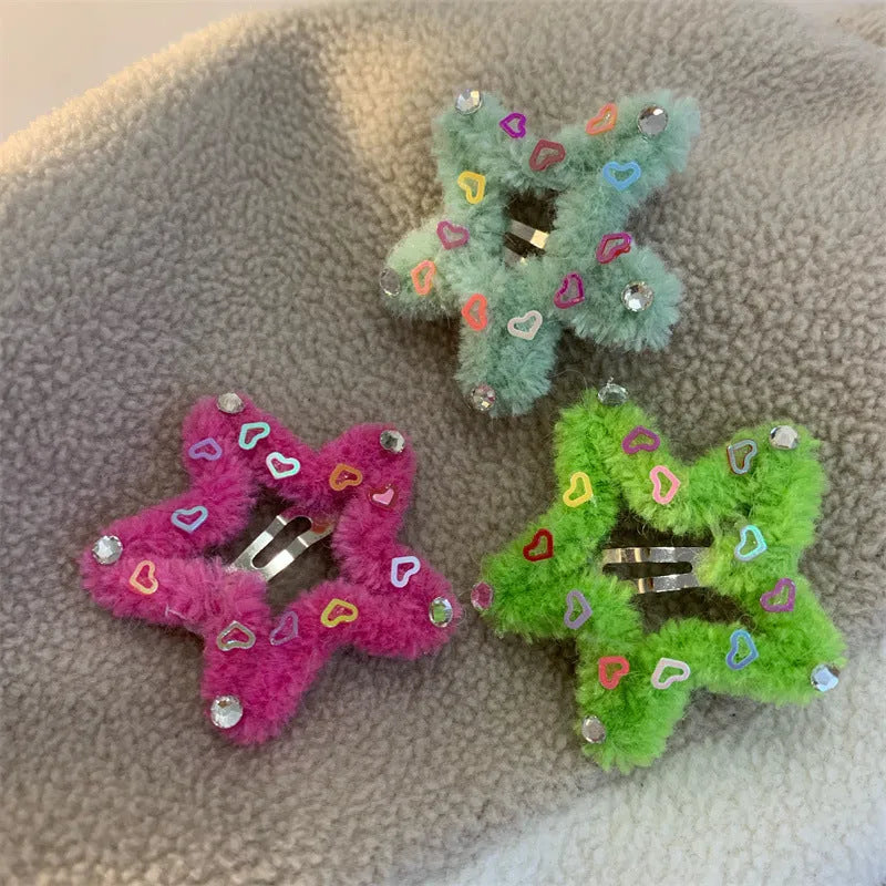 Plush diamond-encrusted five-pointed star edge hair clip for women, sweet cool style, side clip, green colour