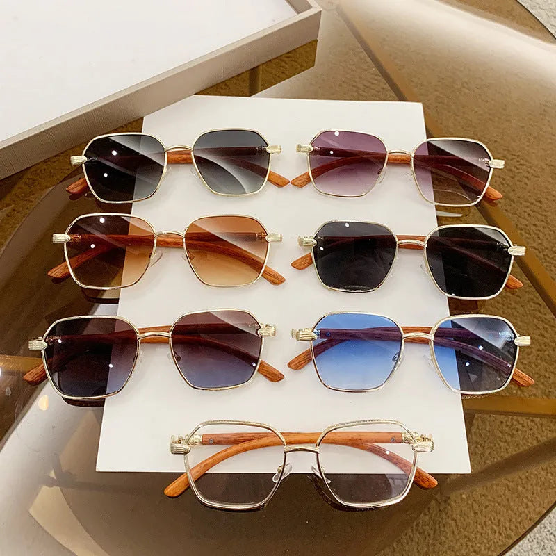Women's frameless glasses with wood grain finish alloy frame in gold with blue lenses