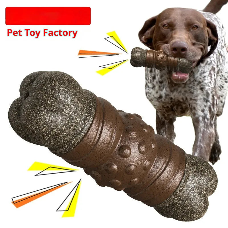 Wood colour plastic dog dental bone toy with integrated molar rod for teeth cleaning