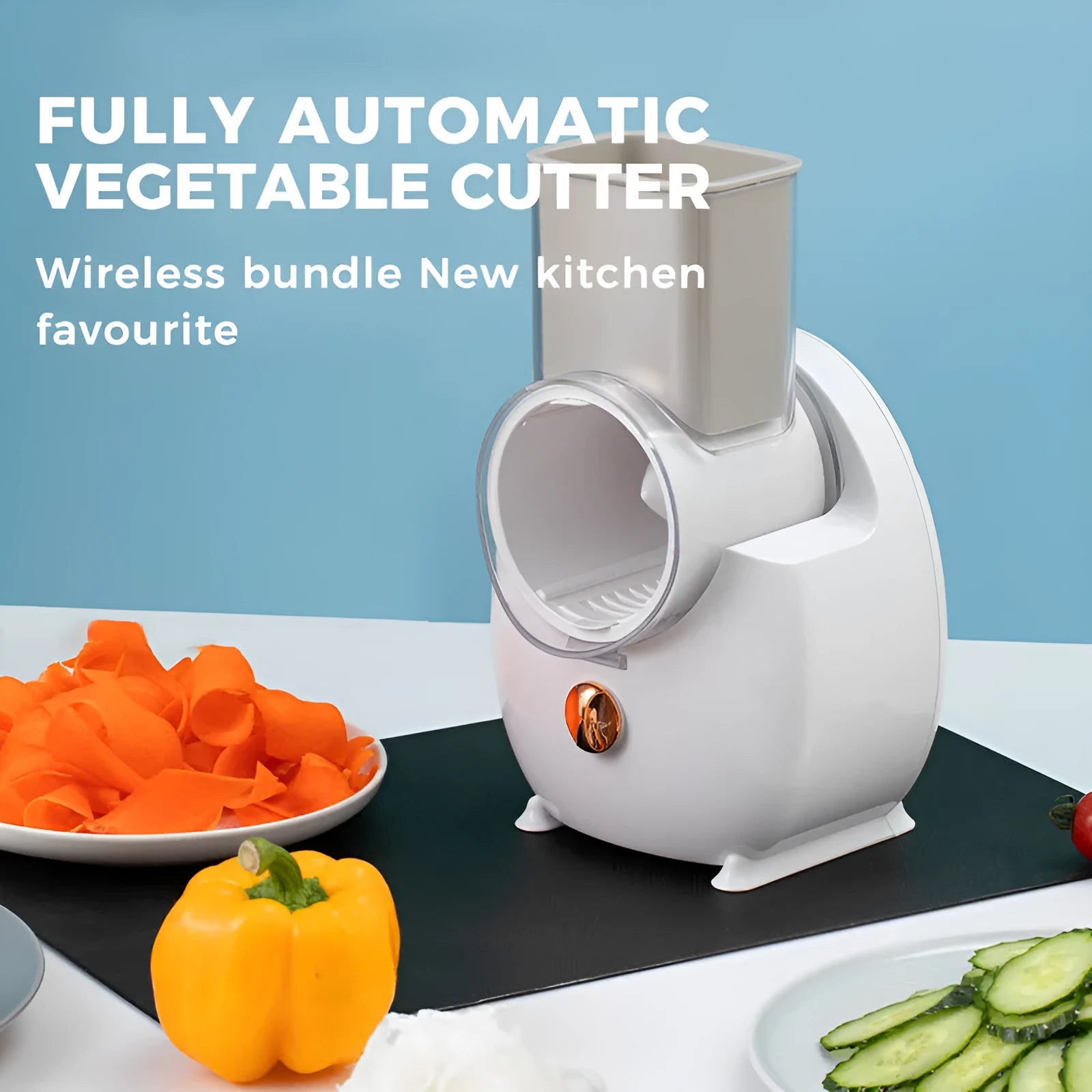 White electric vegetable slicer with suction base and multiple blades for potato and carrot cutting