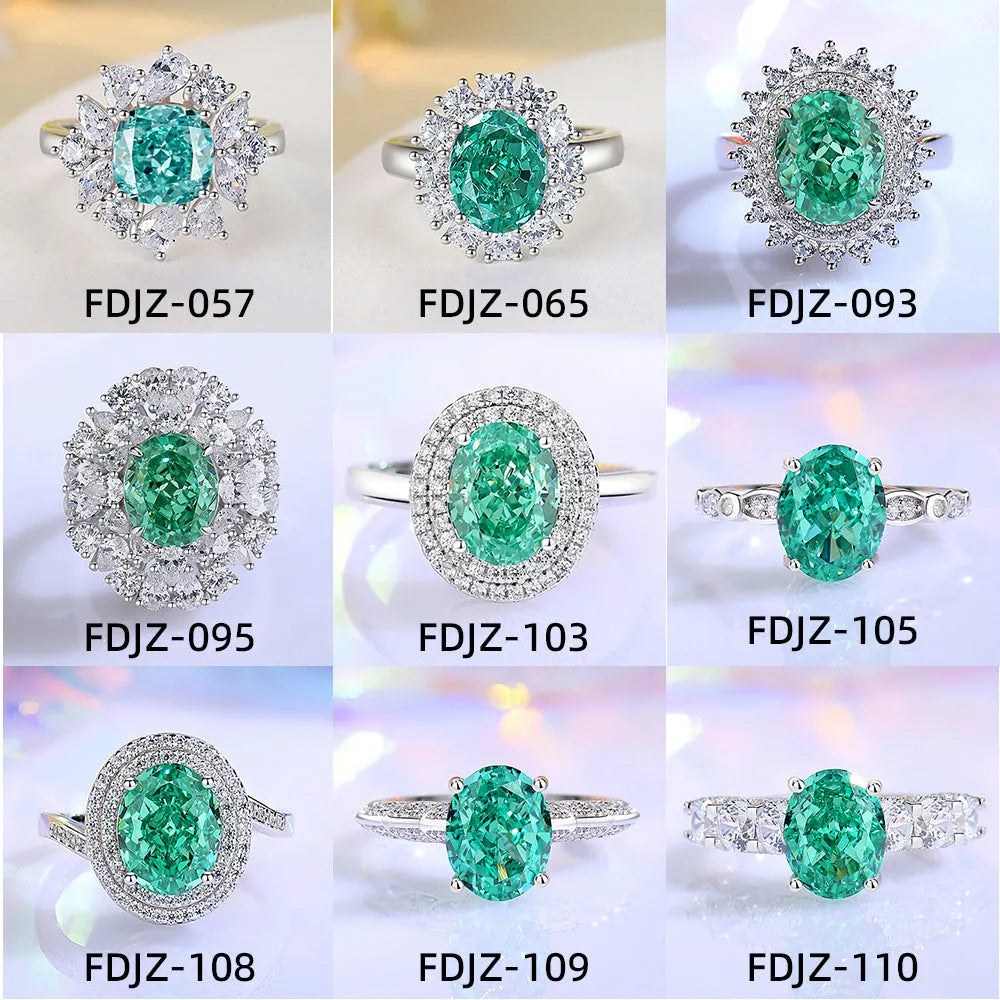 S925 sterling silver ring with an elliptical emerald and inlaid high-carbon diamonds on a geometric band.